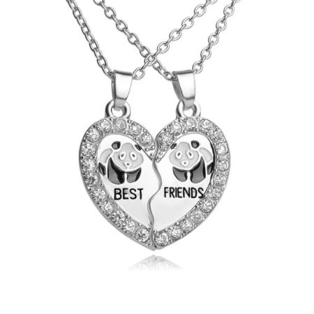 Lănțișoare Best Friends, Inimă Cu Panda Și Cristale, Set 2 Bucăți, Argintiu