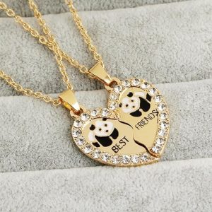 lantisoare best friends inima cu panda si cristale set 2 bucati auriu 4