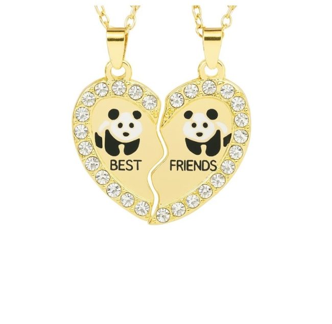 lantisoare best friends inima cu panda si cristale set 2 bucati auriu