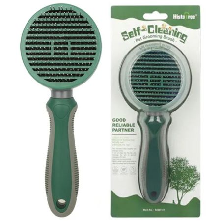 Perie Auto-Curatare pentru Animale, Ace inclinate 135°, Buton Self-cleaning, Verde