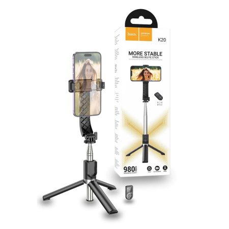 Selfie Stick si Trepied, Hoco K20, Telecomanda si Bluetooth, Extindere telescopica, Negru