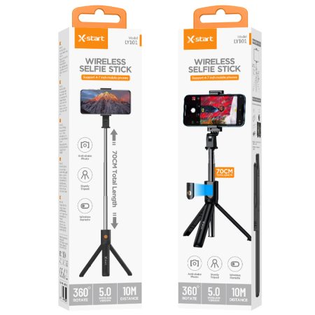 Selfie Stick Trepied X-Start LY101, Control Telecomanda, Bluetooth 5.0, Extindere telescopica 70cm, Negru