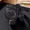 Set Accesorii Bărbați, Ceas Analog Negru, Brățară Piele, Stil Casual
