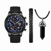 Set Bărbătesc, Luxury, Ceas Sport Cu Brățară Împletită Și Lănțișor Cu Pandantiv Cristal Negru