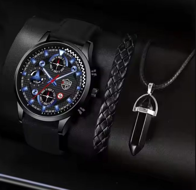 set barbatesc luxury ceas sport cu bratara impletita si lantisor cu pandantiv cristal negru 2