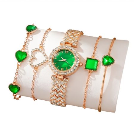 Set Ceas Femei Elegant, Verde Smarald, 4 Brățări Fashion, Aur Rose, Accesorii Strălucitoare