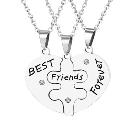 Set Coliere Prietene, Best Friends Forever, Inimă Cu Trei Piese, 3 Lănțișoare, Argintiu