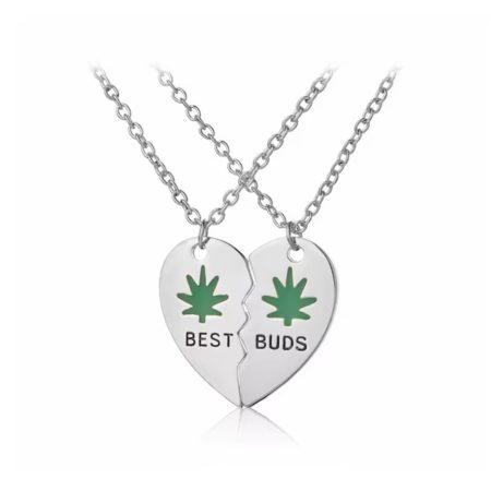 Set Lănțișoare Prietenie, Inimă Best Buds Cu Frunză, 2 Coliere, Argintiu